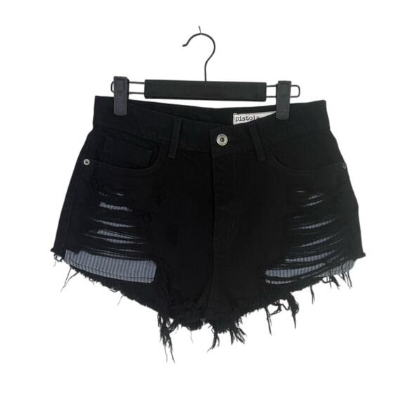 Pistola Cutoff Distressed Jean Shorts Raw Ripped Hem High Rise Pockets 27 Black - Picture 10 of 14
